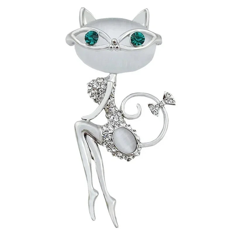 Opal Rhinestone Cat Brooch