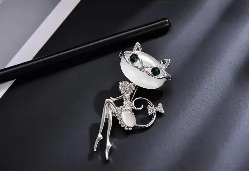 Opal Rhinestone Cat Brooch