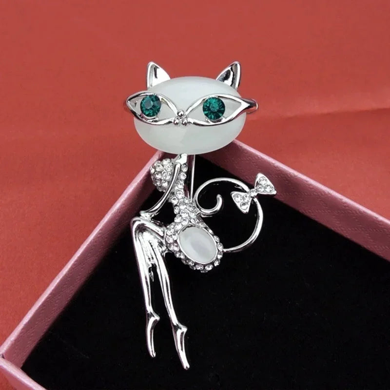 Opal Rhinestone Cat Brooch