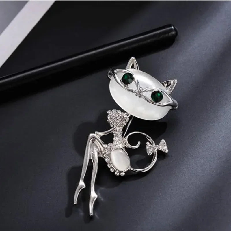 Opal Rhinestone Cat Brooch